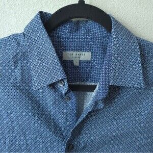 Ted Baker Mens Shirt Size 3 Geometric Print Dress Shirt Blue